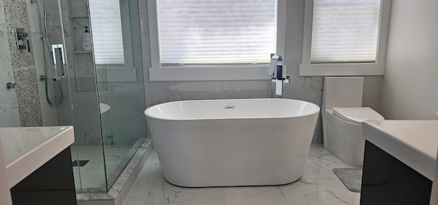 full bathroom featuring tile walls, vanity, independent shower and bath, and toilet