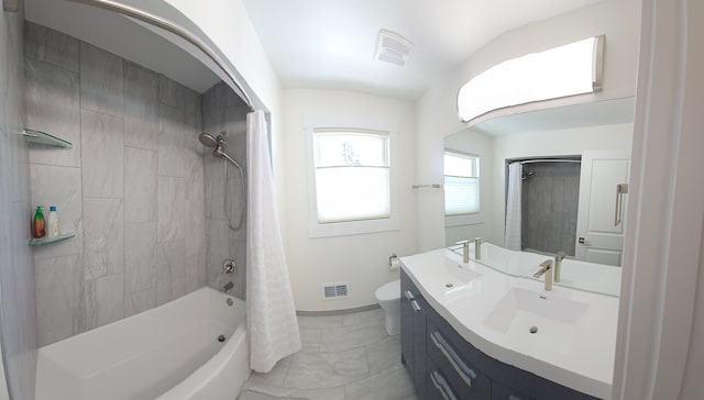 full bathroom with toilet, shower / bathtub combination with curtain, and vanity