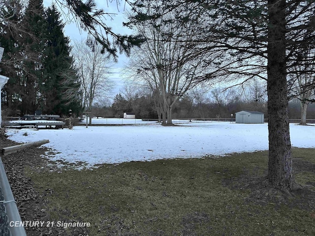 yard covered in snow with a storage unit