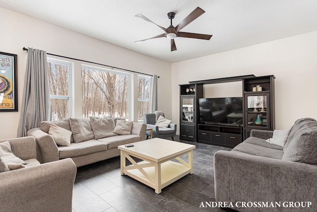 living room featuring ceiling fan