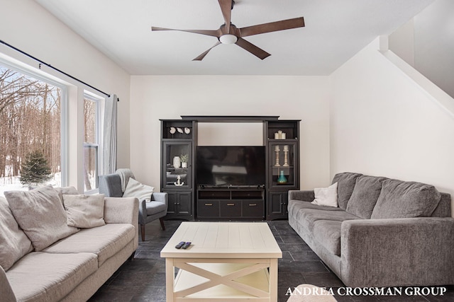 living room featuring ceiling fan