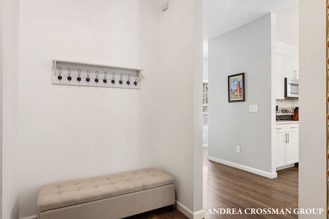 details with hardwood / wood-style floors, stainless steel electric range oven, and tasteful backsplash