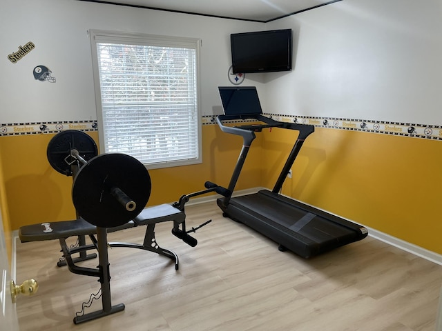 workout area featuring light wood-type flooring