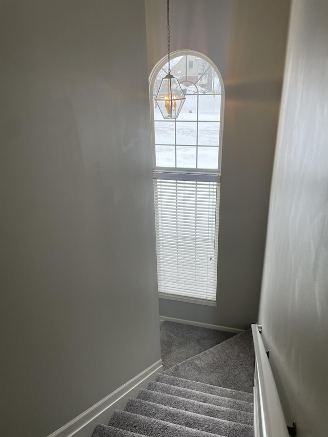 staircase with carpet flooring and a chandelier