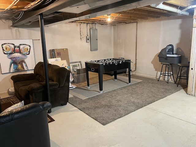 playroom featuring electric panel and concrete floors