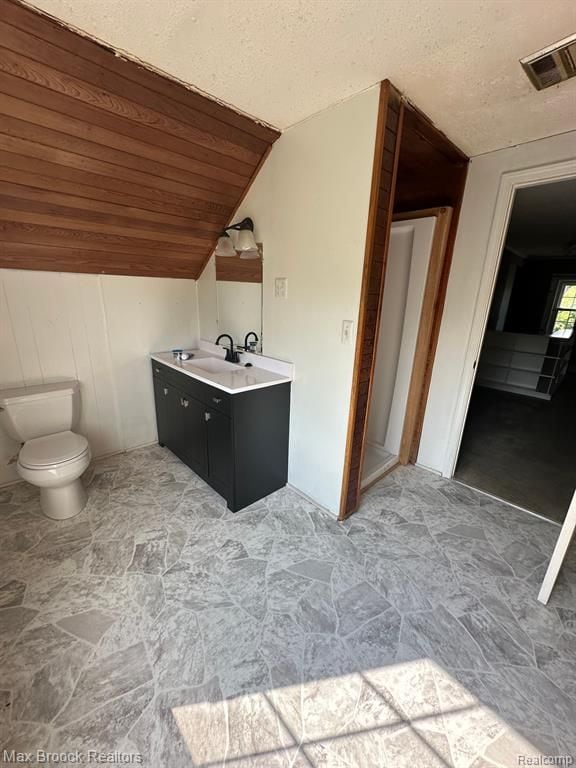 bathroom featuring vanity, vaulted ceiling, toilet, and a textured ceiling