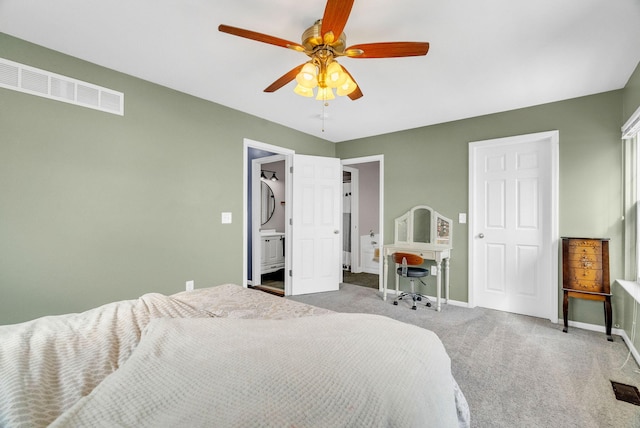 carpeted bedroom featuring ceiling fan