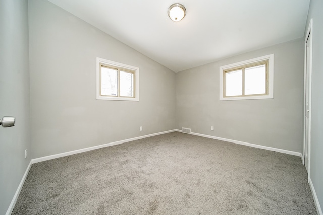 unfurnished room featuring vaulted ceiling, carpet flooring, and a wealth of natural light