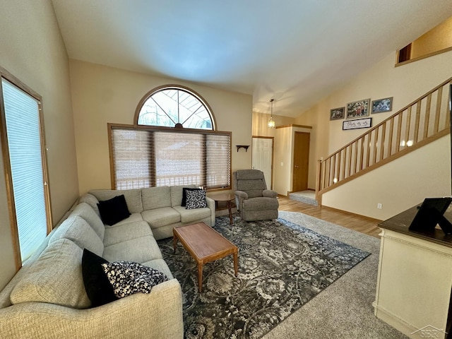 living room featuring vaulted ceiling and wood-type flooring