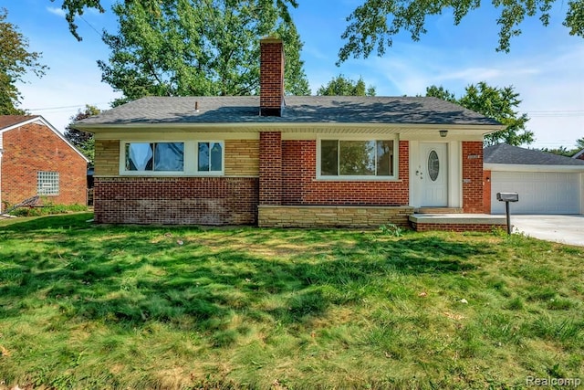 ranch-style home featuring a garage and a front lawn