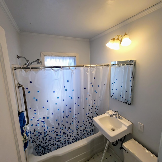 full bathroom featuring ornamental molding, shower / bath combination with curtain, sink, and toilet