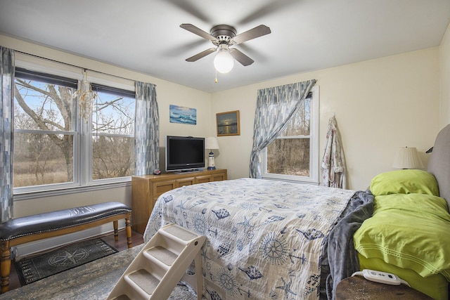 bedroom with ceiling fan and wood-type flooring