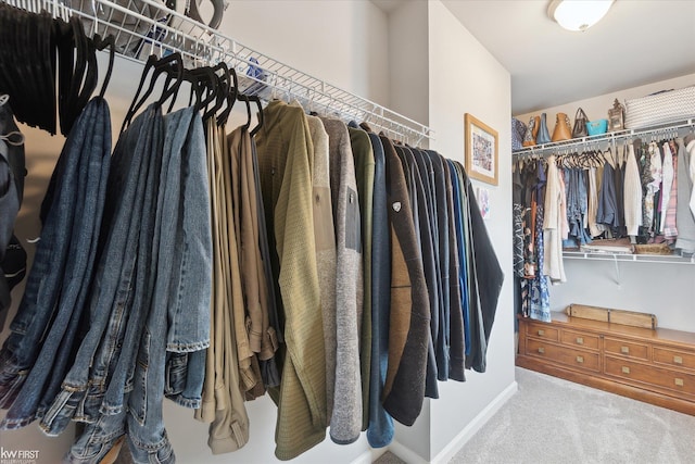 walk in closet with light colored carpet