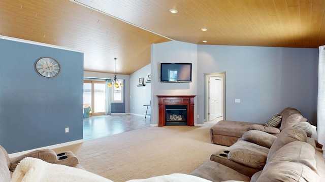 living room with a fireplace, wood ceiling, carpet, vaulted ceiling, and an inviting chandelier