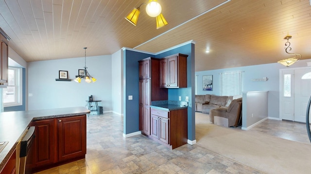 kitchen with wood ceiling, dishwasher, vaulted ceiling, dark countertops, and hanging light fixtures