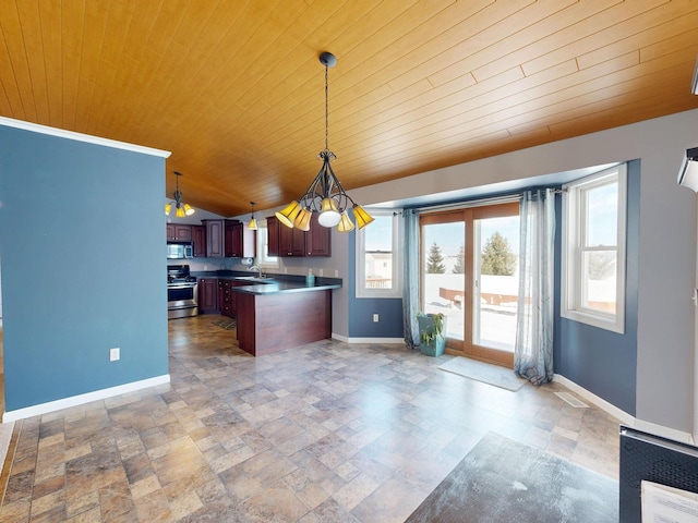 kitchen with appliances with stainless steel finishes, hanging light fixtures, wooden ceiling, baseboards, and open floor plan