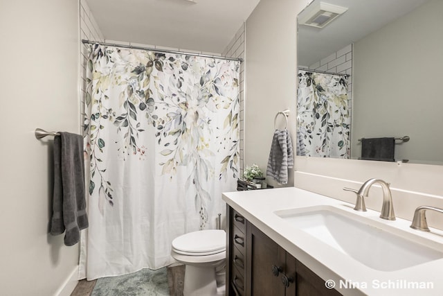 full bath featuring toilet, vanity, and visible vents