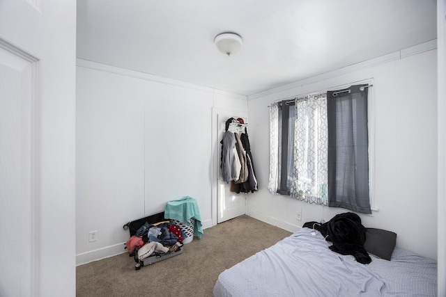 bedroom featuring crown molding, carpet floors, and baseboards