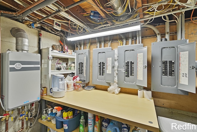 utility room featuring electric panel and water heater