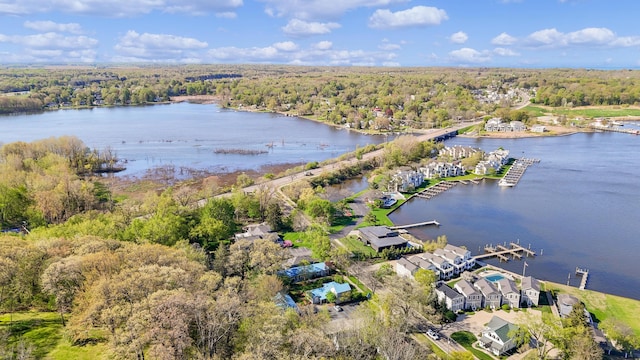 bird's eye view featuring a view of trees and a water view