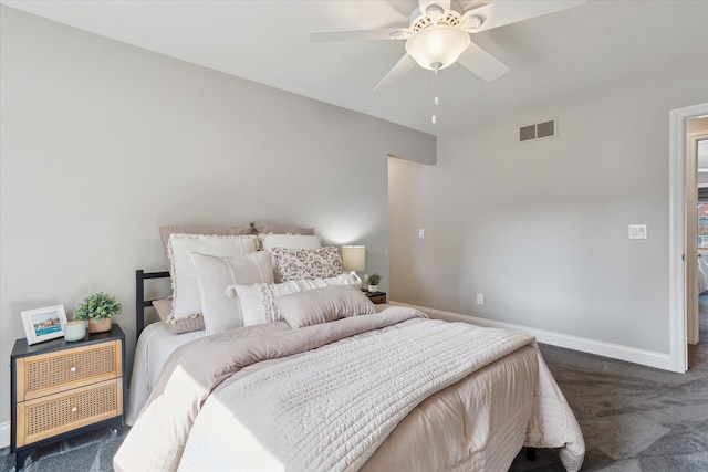 bedroom with visible vents, a ceiling fan, carpet, and baseboards