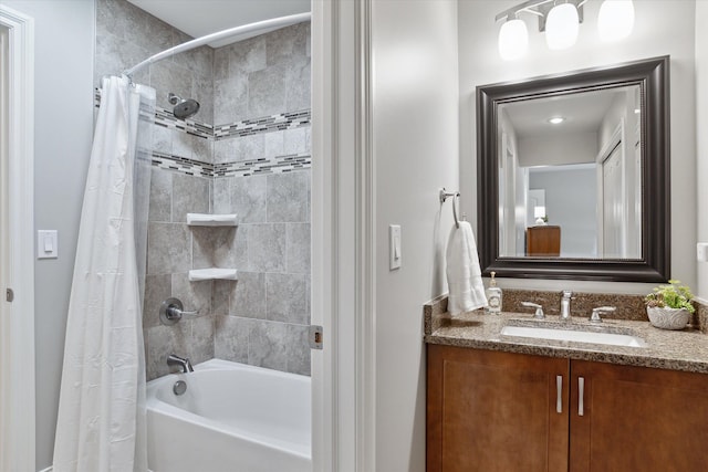 full bath with vanity and shower / bathtub combination with curtain