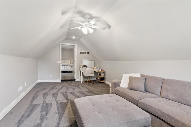 carpeted living area featuring visible vents, a ceiling fan, baseboards, and vaulted ceiling