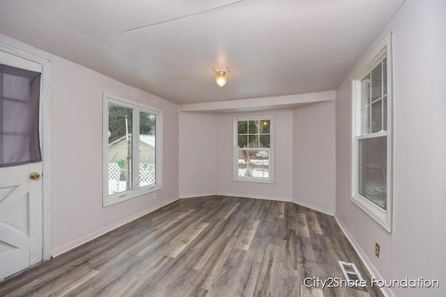 unfurnished room with baseboards, a healthy amount of sunlight, and wood finished floors