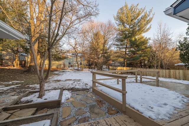 snowy yard featuring a fenced backyard