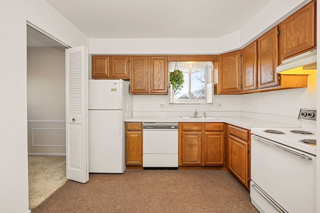 kitchen with under cabinet range hood, white appliances, a sink, light countertops, and brown cabinetry