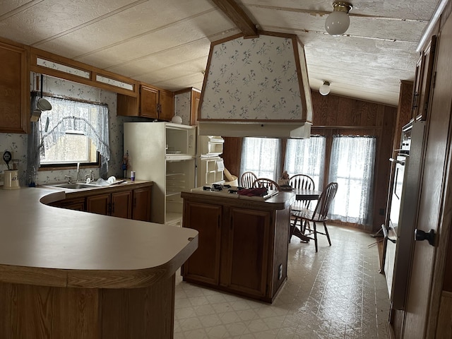 kitchen with vaulted ceiling, a peninsula, light floors, and light countertops