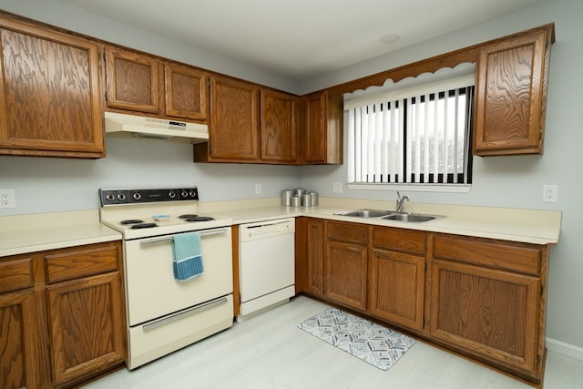 kitchen with a sink, white appliances, brown cabinets, under cabinet range hood, and light wood-style floors