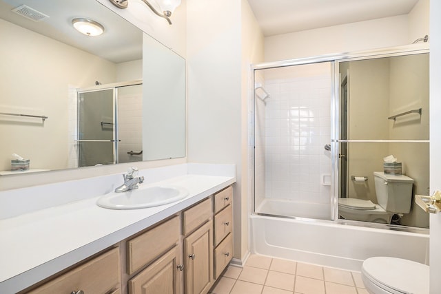 bathroom featuring visible vents, bath / shower combo with glass door, toilet, tile patterned floors, and vanity