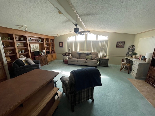 living room featuring a ceiling fan, light carpet, vaulted ceiling with beams, and a textured ceiling