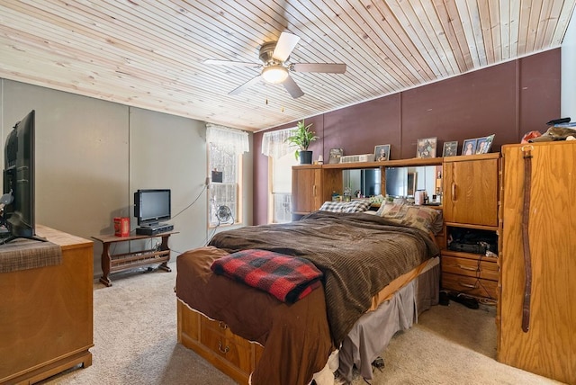 bedroom featuring wood ceiling and light carpet