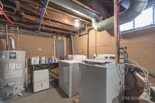 laundry area with electric panel, laundry area, water heater, and independent washer and dryer