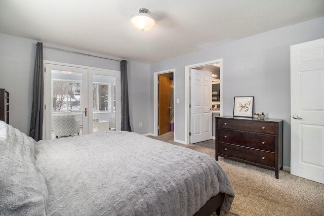 bedroom with access to exterior, baseboards, dark colored carpet, and french doors