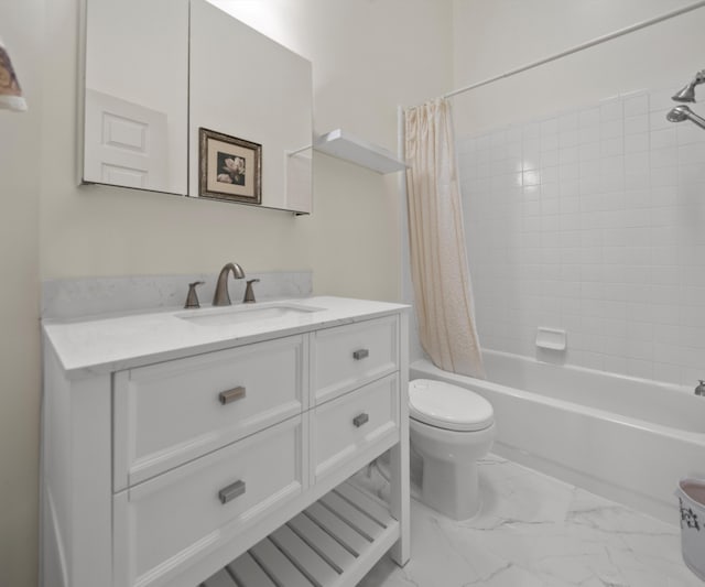 full bathroom with toilet, marble finish floor, shower / bathtub combination with curtain, and vanity