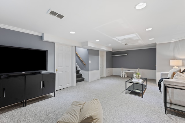 carpeted living room featuring recessed lighting, visible vents, ornamental molding, wainscoting, and stairs