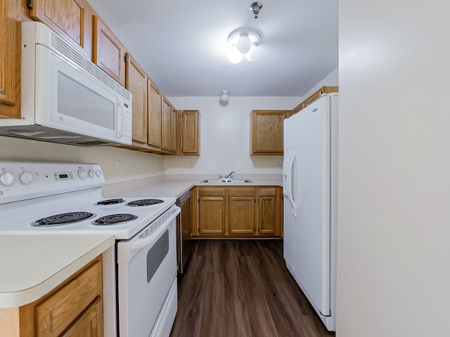 kitchen featuring dark wood-style floors, brown cabinets, light countertops, a sink, and white appliances