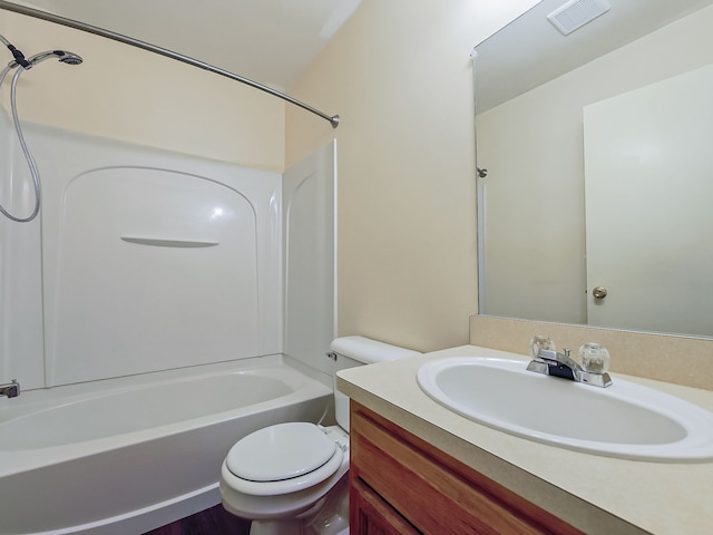 full bathroom with toilet, vanity, shower / tub combination, and visible vents