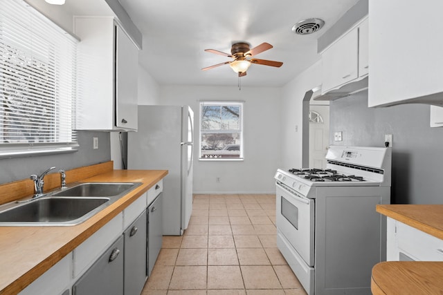 kitchen featuring white appliances, a sink, visible vents, white cabinets, and light countertops