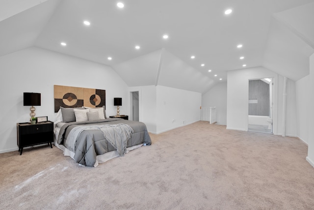 bedroom featuring lofted ceiling, light carpet, and recessed lighting