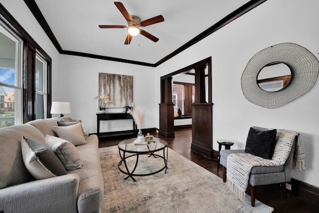 living area with crown molding, baseboards, ceiling fan, and dark wood-style flooring