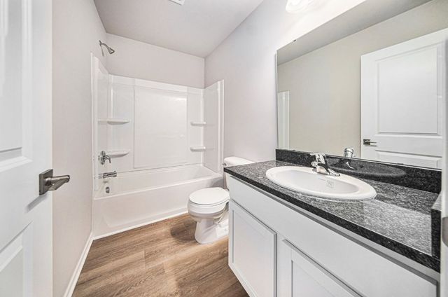 bathroom featuring toilet, vanity, wood finished floors, and bathing tub / shower combination