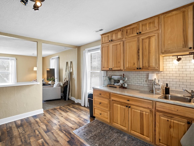 kitchen with visible vents, decorative backsplash, dark wood finished floors, light countertops, and a sink