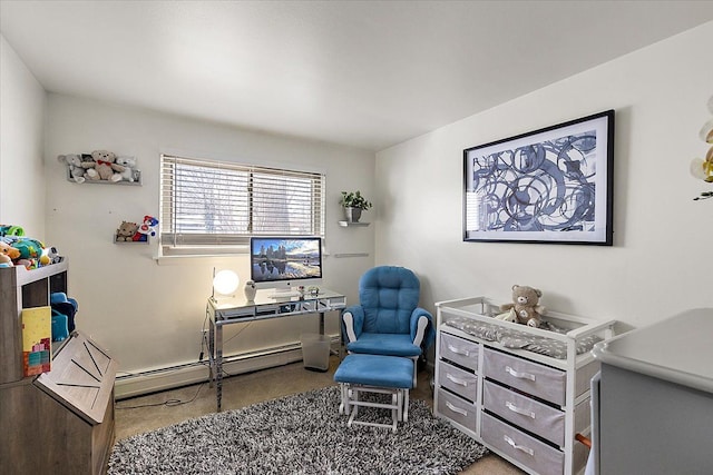 office featuring a baseboard radiator and carpet