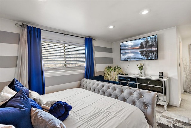 bedroom with recessed lighting, baseboards, and stone tile floors