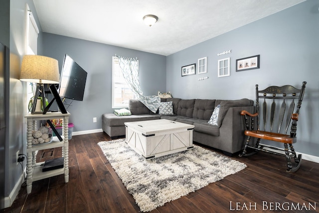 living room with baseboards and dark wood-type flooring