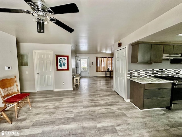 kitchen featuring stainless steel range with gas cooktop, light countertops, light wood-style floors, dark brown cabinetry, and under cabinet range hood